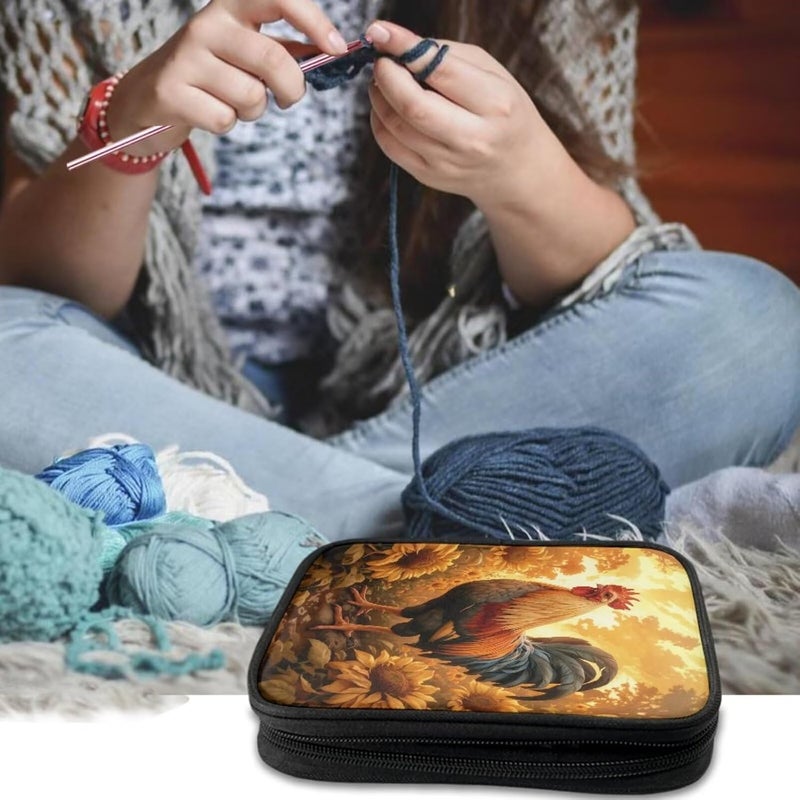Xsehusvy Rooster Sunflower Fabric Crochet Kit for Crochet Beginner Washable Crochet Hook Case with Mesh Pockets Portable Crochet Bag Knitting Organizing Bag Easy to Carry - Image 2